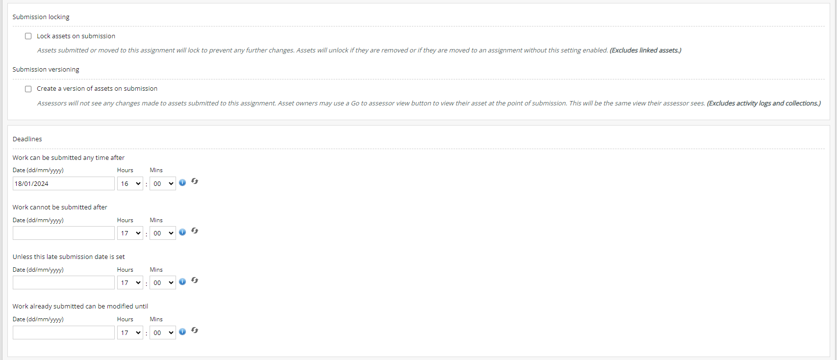 The create an assignment page, showing the options for submission locking, submission versioning and deadlines